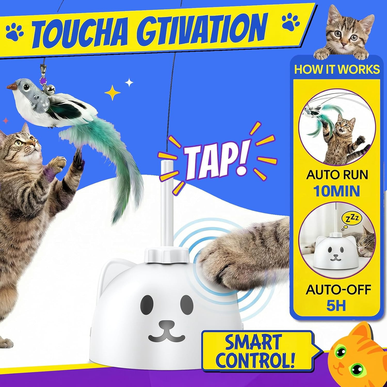 Interactive Cat Toys for Indoor Cats - Automatic Flying Bird Feather Toy, USB Rechargeable Electric Cat Teaser with Strong Sticky Base, Smart Motion Activated Self-Play Enrichment Toy for Bored Cats