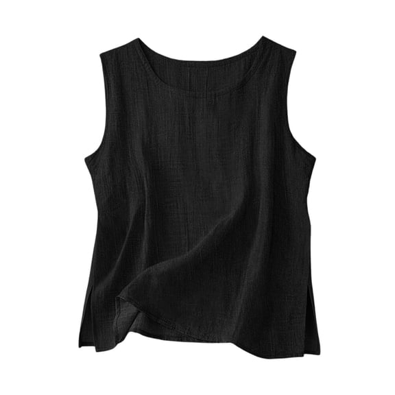 Gamivast Linen Tank Tops for Women Round Neck Sleeveless Vacation Beach Wear Boho Style Shirts Relaxed Fit Solid Pattern Split Hem Detail Lightweight Flowy Summer Tees
