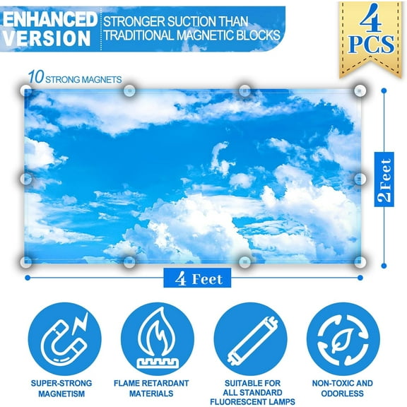 YUYAN-4 Pcs Light Covers, 4 x 2 Feet Magnetic Light Covers for Fluorescent Light Shade Drop Ceiling Light Filters Classroom Decorative Light Covers for Room School Office(Cloud Blue Sky)