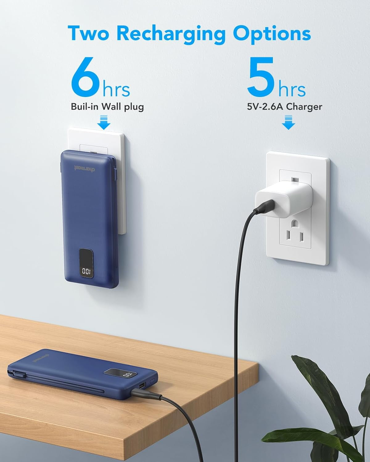 Portable Charger with Built-in Cables and Plug, 10000mAh USB C Power Bank Fast Charging, External Battery Pack Slim, Travel Essentials Compatible with iPhones, Samsung Galaxy, iPad