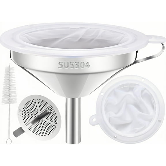 Funnel for Filling Bottles, 5 Inch Food Grade 18/8 Stainless Steel Kitchen Funnel with 200 Mesh Filter Strainer for Fryer Oil Grease Juice Milk Coffee