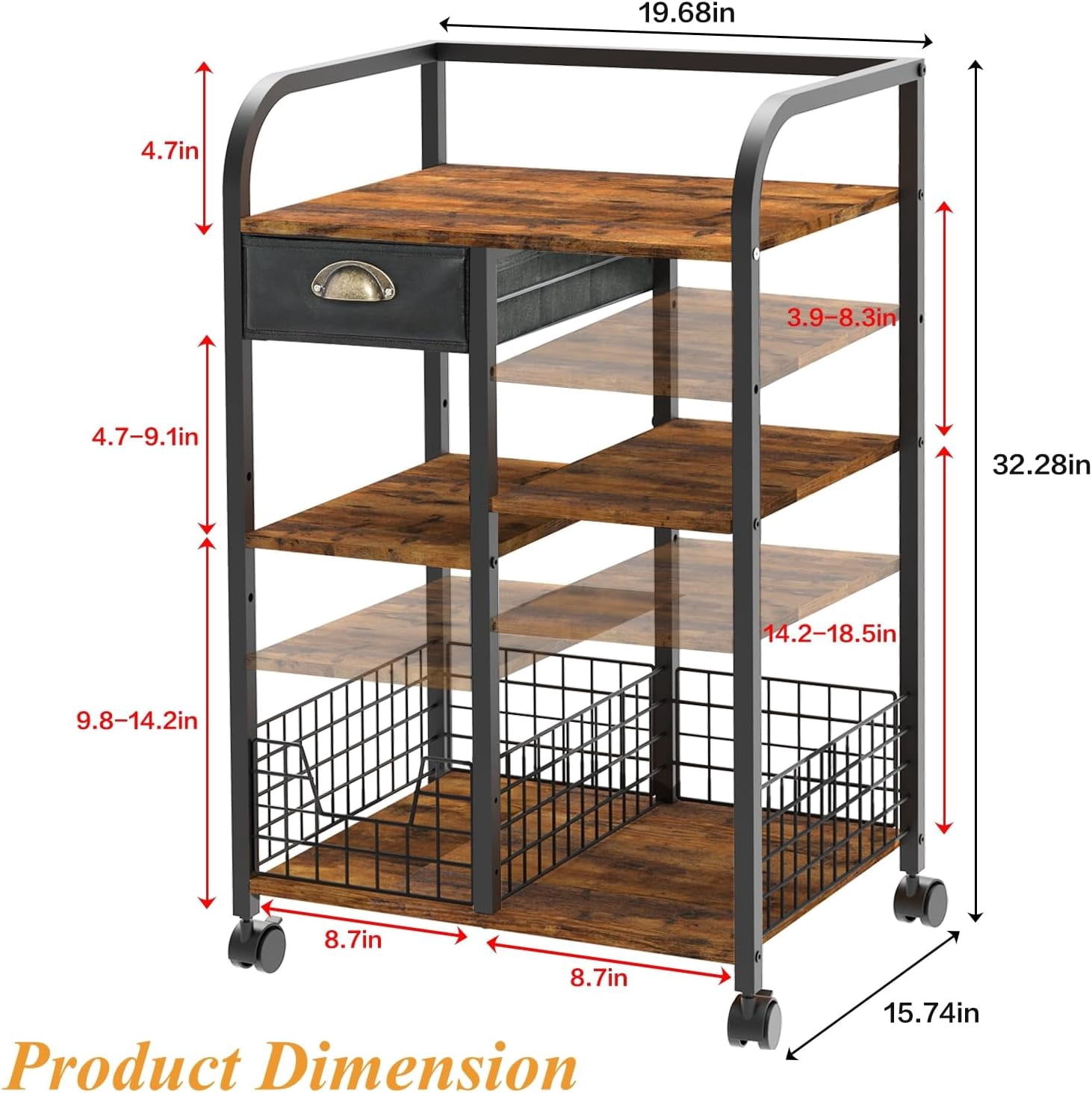 Microwave Cart with Storage, Kitchen Island Cart with Table Top & Drawer, 3 Tier Rolling Utility Cart with Adjustable 2 Storage Shelves, Coffee Bar Shelf for Kitchen/Dining/Living Room