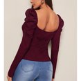 thumbnail image 4 of Camiseta para mujer Top elegante Puff Manga larga Slim Fit Color puro Tejido acanalado Sin espalda Pollover Rojo purpúreo S, 4 of 6