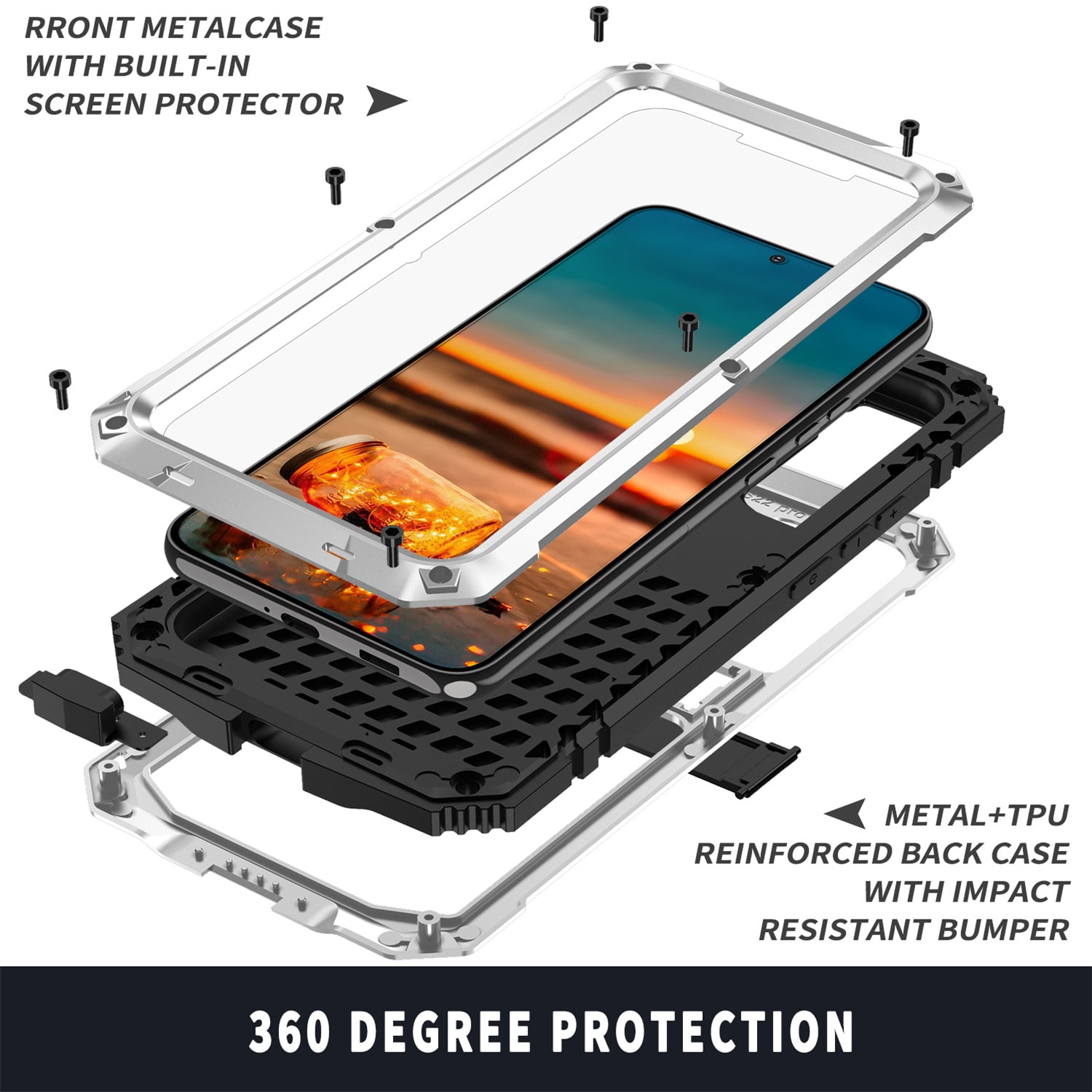 for Samsung S24 Metal Case, with Kickstand Screen Protector Case Sturdy Military Armor Durable Full Body Heavy Duty Shockproof Drop Tested Outdoor Case for Galaxy S24 - Silver