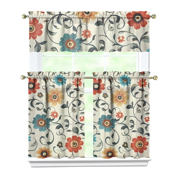 3 PCS Sunflower and Daisy Kitchen Curtains - Bright Vintage Floral Print Tier Curtains