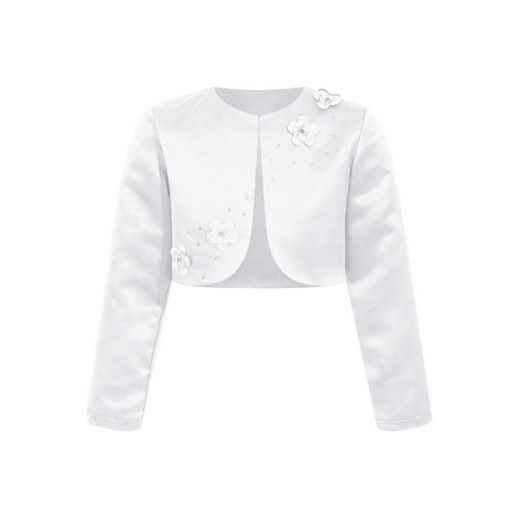 YEAHDOR Kids Girls Long Sleeves Bolero 3D Applique Flower Girl Dress Coat Fully Liner Cardigan Wedding Shrug White 6