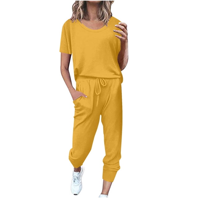 Timegard Womens 2 Piece Sets Short Sleeve Scoop Neck Tops and Elastic Waisted Drawstring Pants Comfy Sets Loungewear