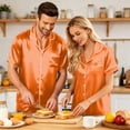 thumbnail image 5 of (Womens） Glossy Silk Satin Matching Sets For Couples Short Sleeve Button Front Top Soft Elastic Shorts Daily Loungewear Saffron S, 5 of 7