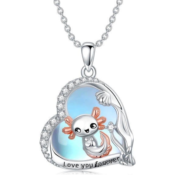 CACA LADY Axolotl Necklace 925 Sterling Silver Axolotl Heart Moonstone Pendant Necklace Ocean Jewelry Gifts for Women