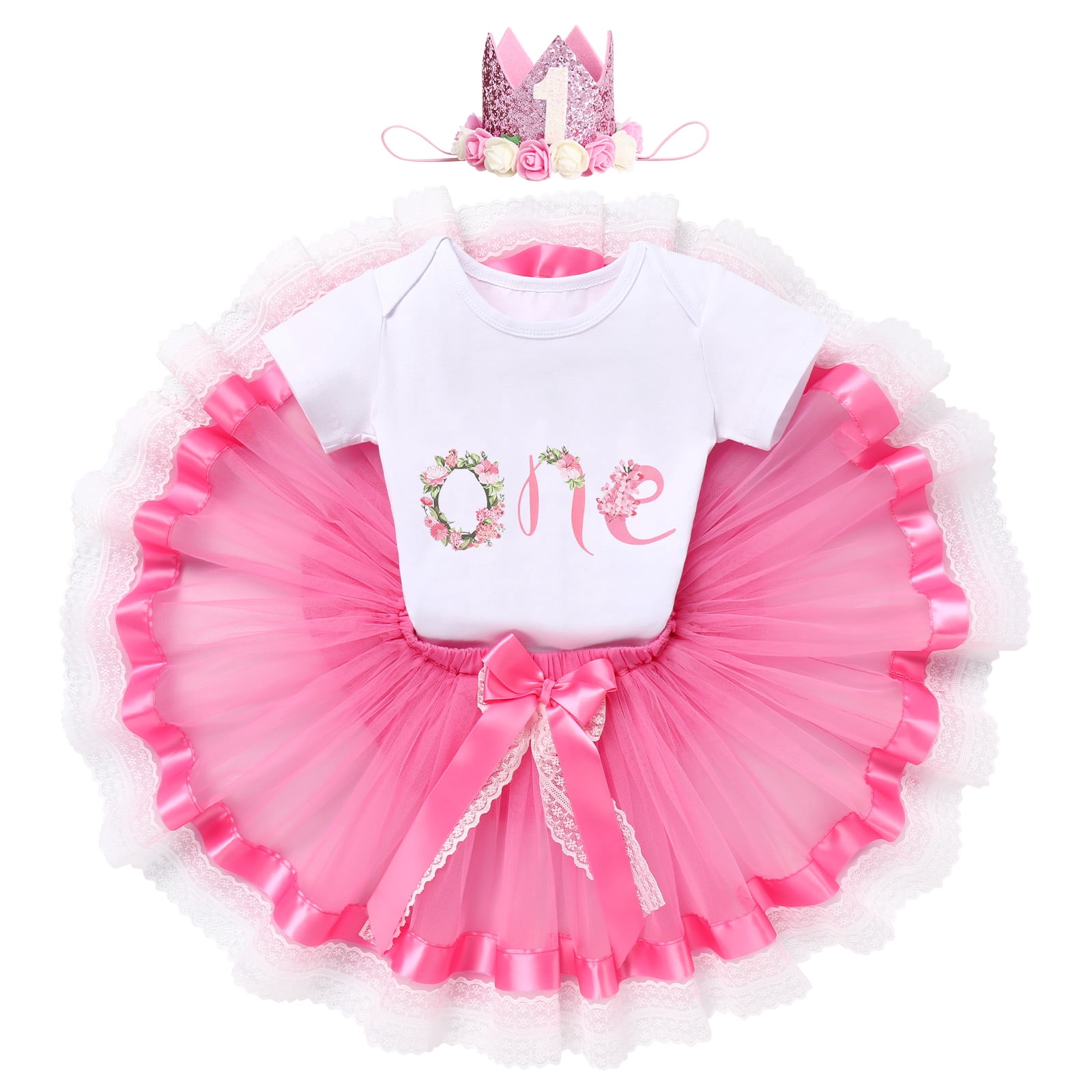 IBTOM CASTLE Infant Baby Girl One Year Old Birthday Outfit Floral Lace Party Cake Smash Romper + Tutu Skirt + Crown Clothes Set for Photo Shoot 1 Year Hot Pink - Lace