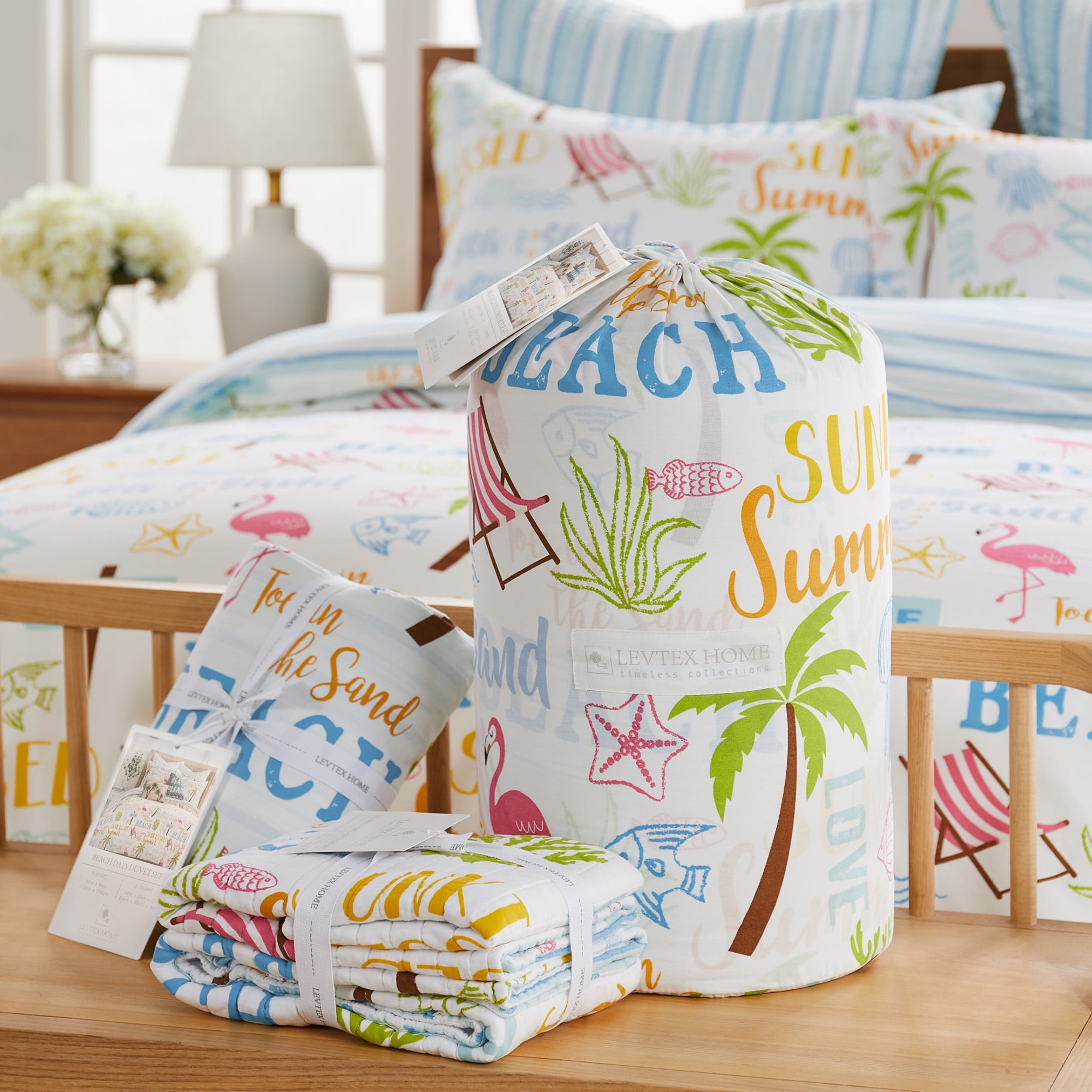 Levtex Home - Beach Days Duvet Cover Set - Twin Duvet Cover (68 x 88in.) + One Standard Pillow Case (26 x 20in.)- Coastal Beach - Teal Blue Yellow Green Brown Pink - Cotton