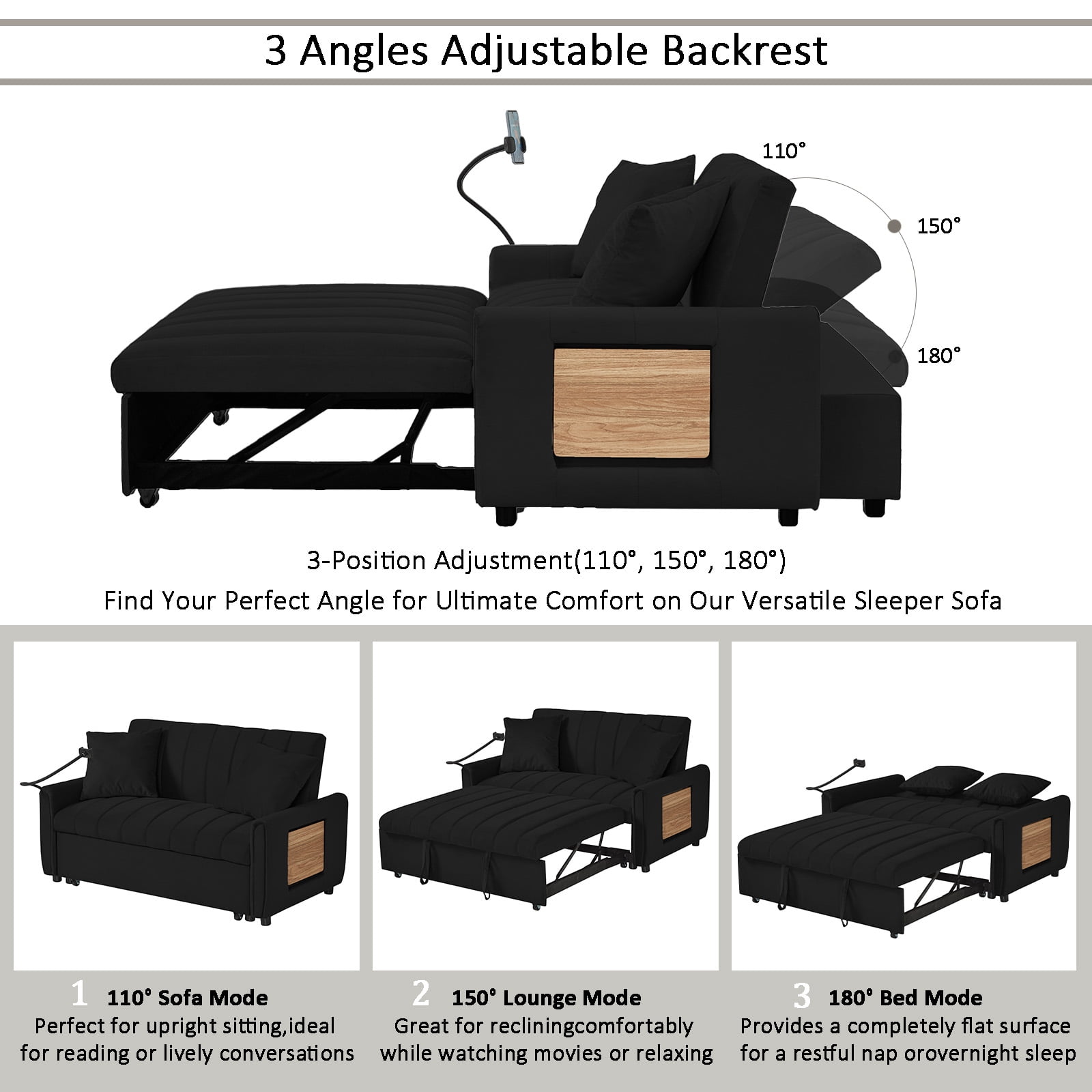 3‑in‑1 Convertible Sleeper Sofa Bed, Velvet Pull‑Out Loveseat Sofa with 3‑Level Adjustable Backrest, USB Charging Ports, Foldable Side Table & Phone Holder for Living Room Apartment, Black