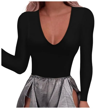 BYHONG Women s Long Sleeve Bodysuit: Sexy Deep V Neck Double Lined Thong Body Suit Tops For Going Out Black S