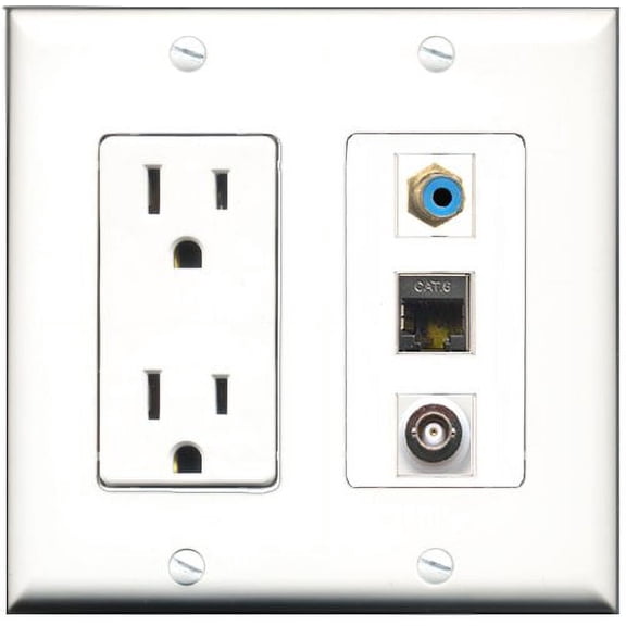 RiteAV - 15 Amp Power Outlet 1 Port RCA Blue 1 Port Shielded Cat6 Ethernet Ethernet 1 Port BNC Decorative Wall Plate