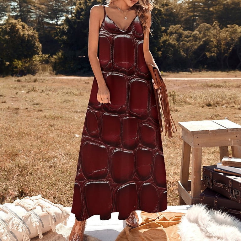 JHWJH25 Rich Red Crocodile Leather Texture Sleeveless Suspender Dress Summer Fashion Casual Long Dress, Women's, Size: 5XL