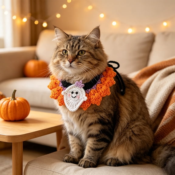 Yhmxh Halloween Crochet Pet Collar Bandana with Cute Ghost Decor, Pet Hand Knitted Neck Collar, Adjustable Cat Dog Collar for Small Medium Large Dogs Cats Puppy Kitten Halloween Party