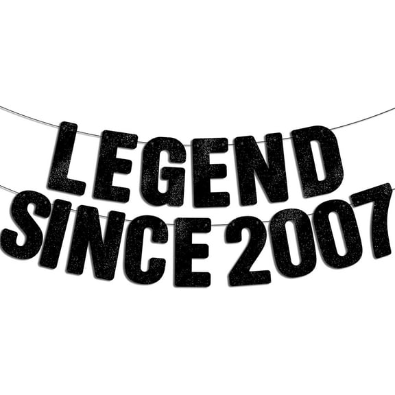 Legend Since 2007 - Black Glitter Banner, 18th Birthday Decorations for Boys & Girls, Funny 18th Decor Bday Sign Gifts