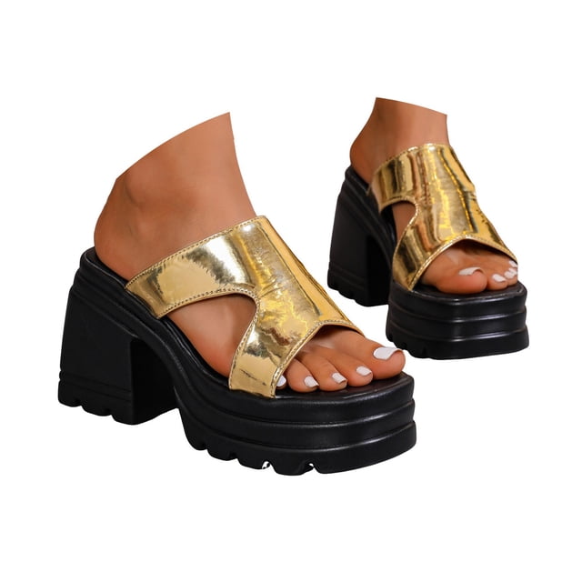 IUJSOY Chunky Heels for Women Platform Sandals Square Open Toe Wedges Slip on Summer Slippers