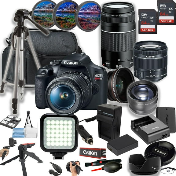 Canon EOS Rebel T7 24MP DSLR Camera   18-55mm & 75-300mm Lenses  LED Light   128GB Memory   Lenses   Filters   Case   Tripod   Grips   Added Power, and More (28pc Bundle) (International Version)
