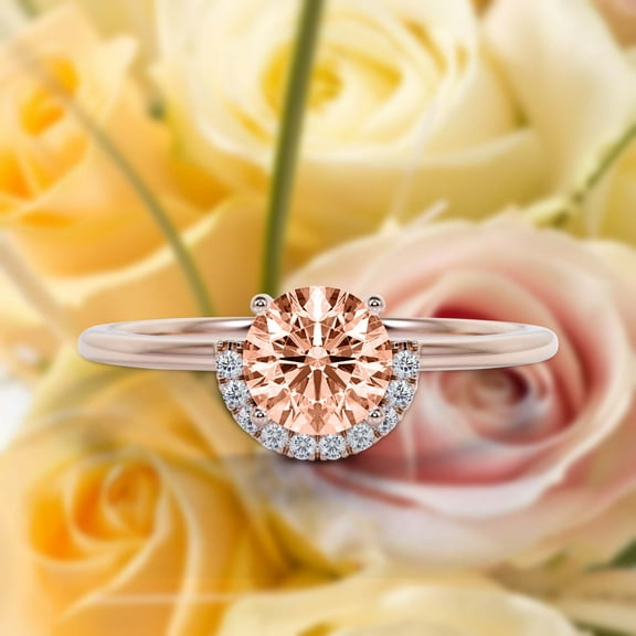 Fairy Minimalist 1.25 Carat Round Cut Morganite And Diamond Moissanite Engagement Ring Wedding Ring in 10k Solid Rose Gold Shank, Gift For Her, Promise Ring, Anniversary Ring