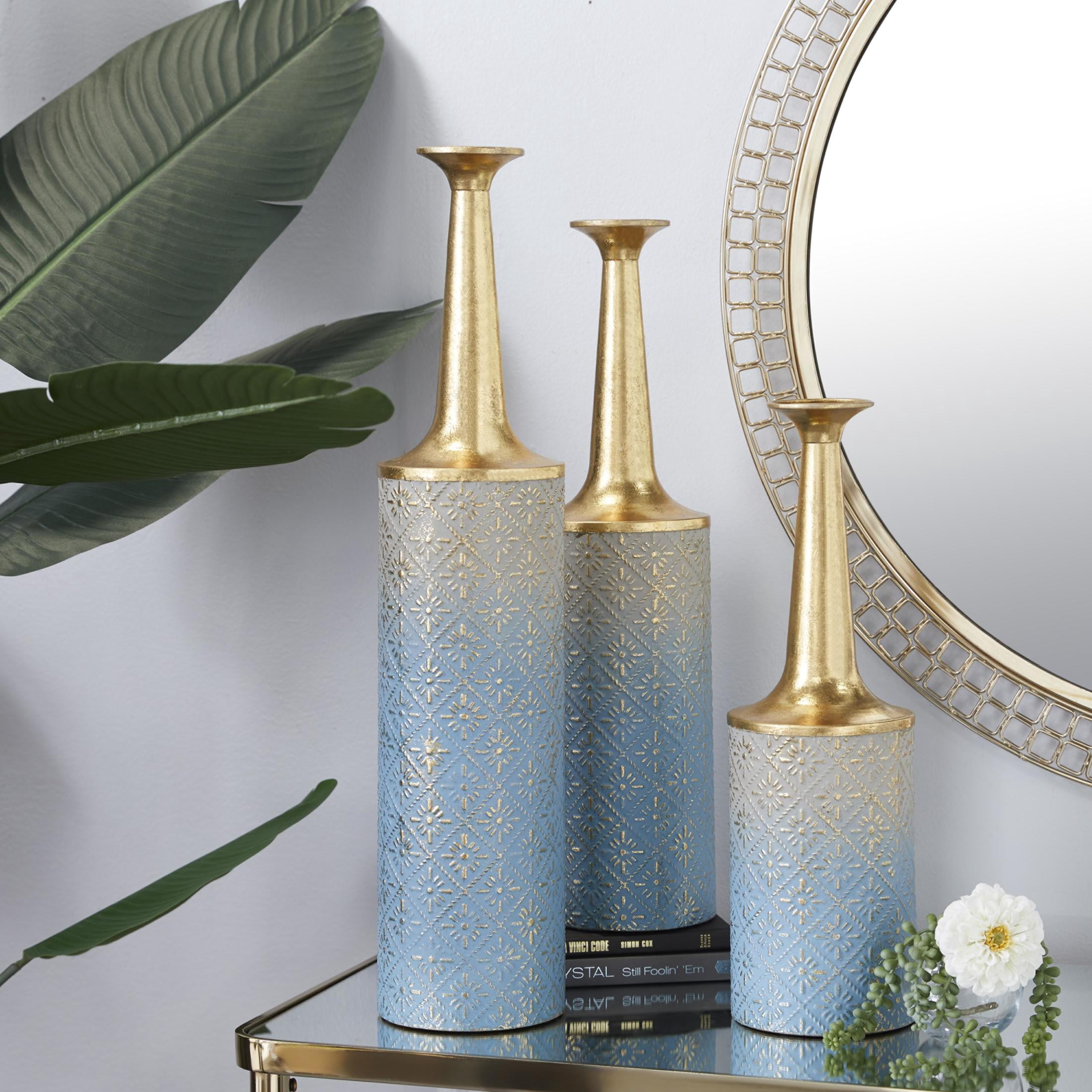 DecMode 27", 24", 20"H Floral Ombre Diamond Patterned Blue Metal Vase with Gold Top, Set of 3