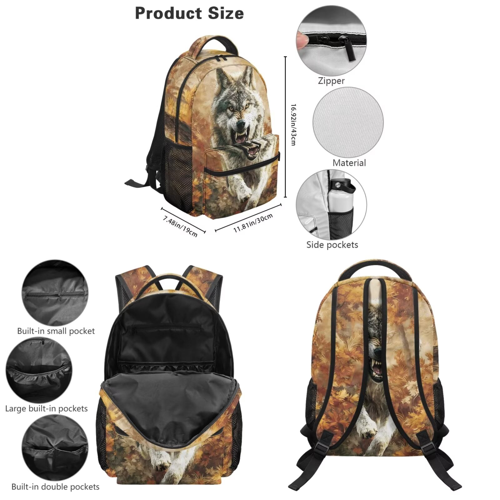 Pzuqiu Wolf Print Back Pack for School Boys 5 pcs Kids Backpacks for Boys Lunch Bag with Water Bottle Holder Pencil Bag Cute Travel Rucksack Camping School Bag