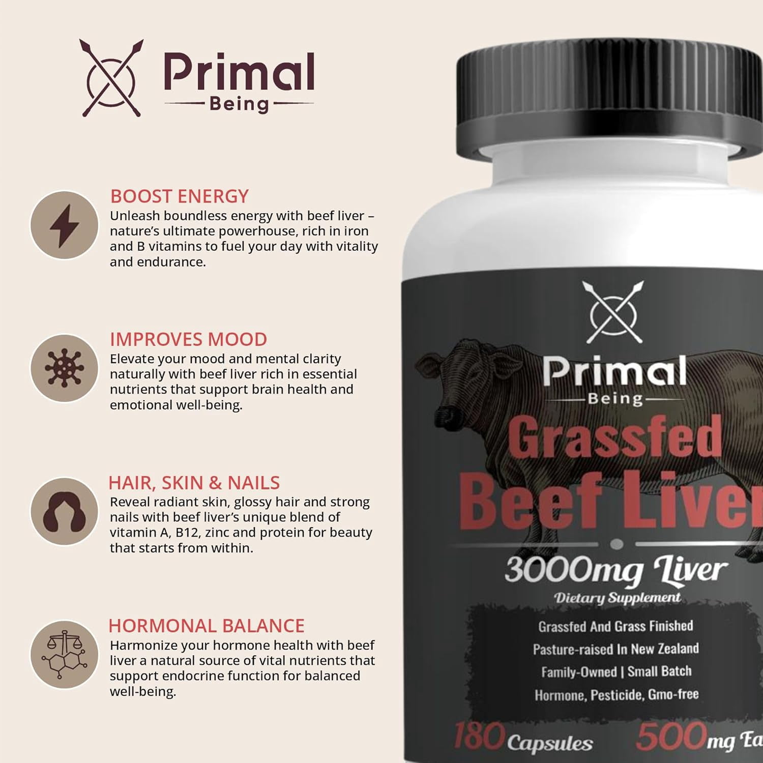 Primal Being Grassfed Beef Liver- Supports Energy, Longevity, Metabolic Health, and Detoxification