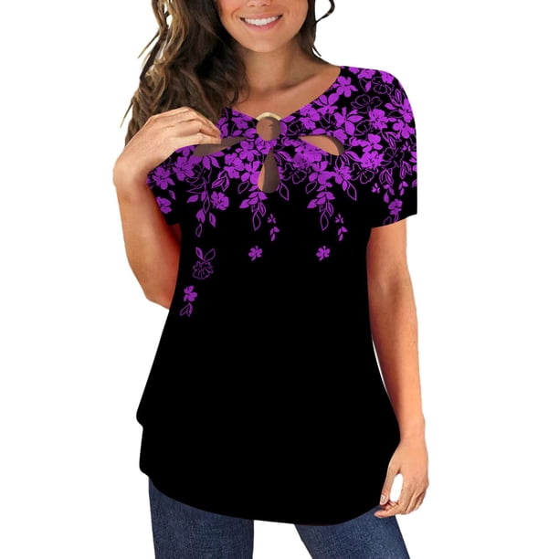 Gibobby Playera Corte clásico para Mujer Camisetas para mujer, camisetas verano con estampado diente león talla grande, blusas manga corta con cuello redond(Morado,M)