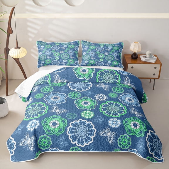jejeloiu Ancient Floral Twin Quilt Set For Men Women,Nature Print Twin Coverlet Set,Blue Green,2-Piece