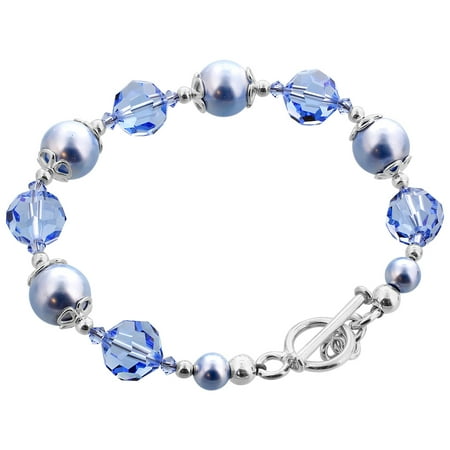 Swarovski Blue Bracelets - Gem Avenue Sterling Silver Blue Faux Pearl Handmade Bracelet 7.5 inch with Swarovski Elements Crystals