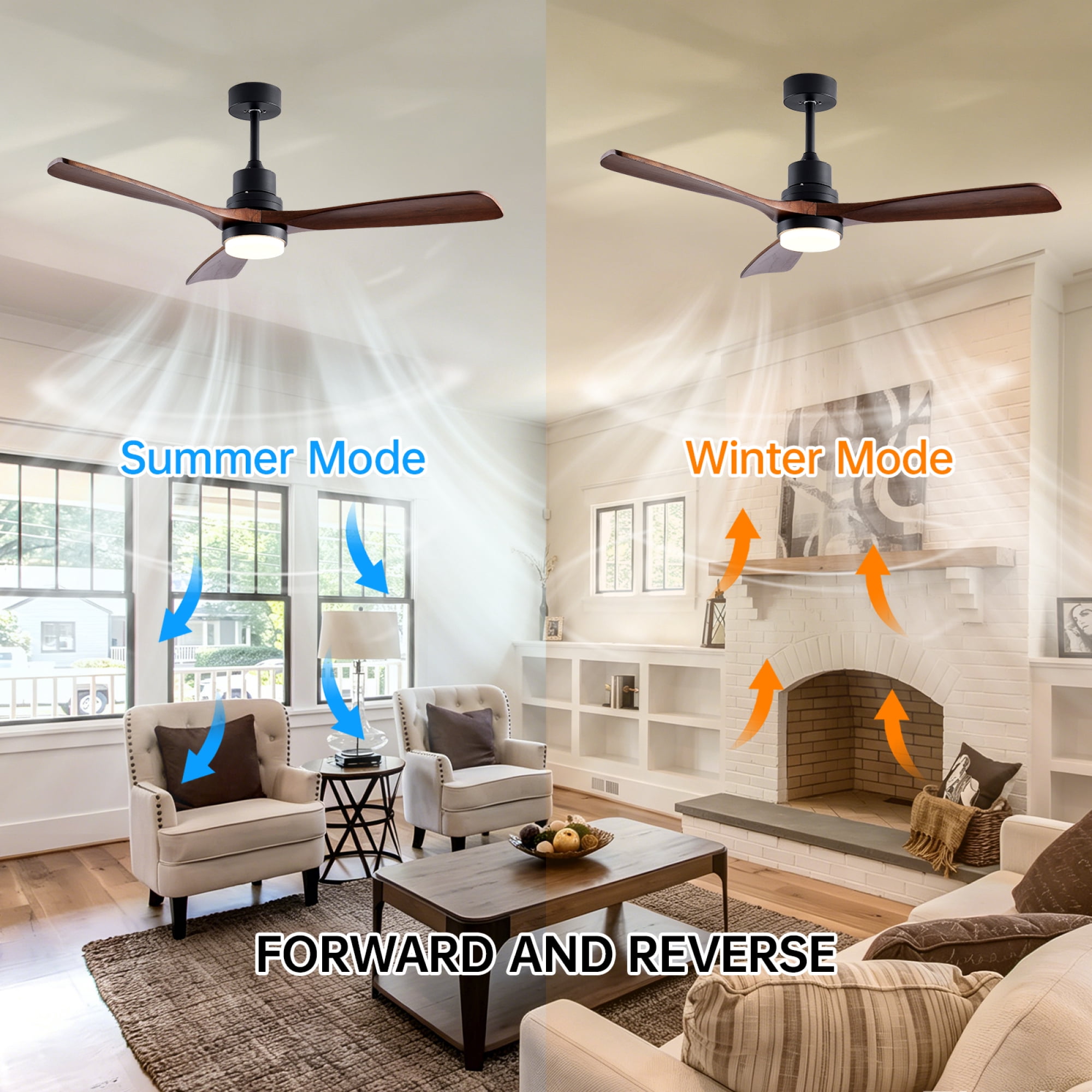 Leumius 52" Wooden Ceiling Fans with Lighted Remote Control, Modern Ceiling Fan with 3 Fan Blades for Patio, Living Room, Farmhouse (Black+Walnut)
