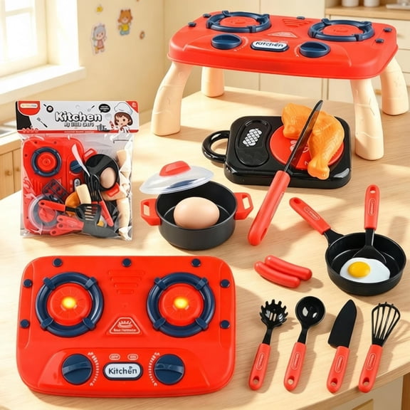 Mini Kids Pretend Play Kitchen Stove Toy Set, Toddler Cooking Playset with Pots Pans Utensils Play Food, Educational Imaginative Role Play, Birthday Holiday Gift for Boys Girls Ages 3 4 5 6 Years Old