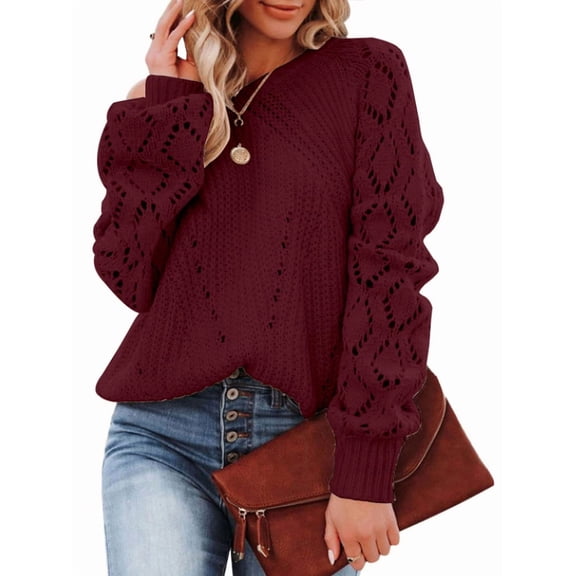 Women Fall Sweaters Crochet Long Sleeve Off the Shoulder Clothes Cute Crewneck Knit Pullover Tops Wine Red L