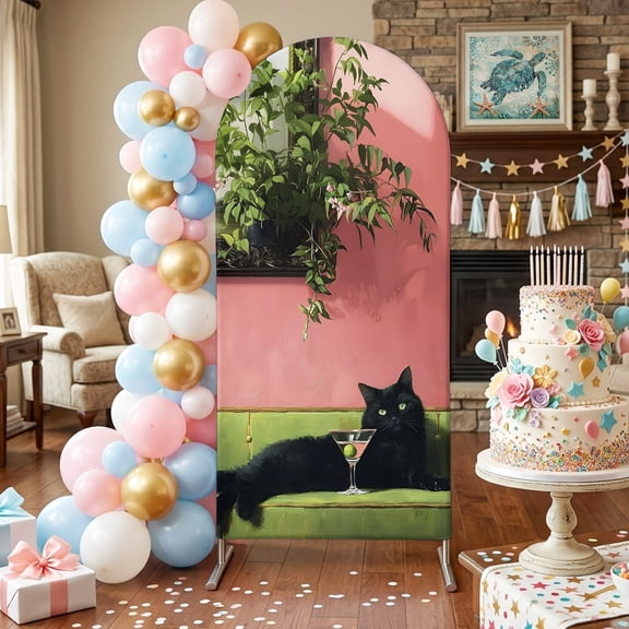Black Cat Arch Backdrop Covers 7.2 FT, Boho Lack Animal Cocktail Party Olive Green Sofa Stretchy Fitted Arched Stand Covers Party Arch Stand Cover Photo Booth for Wedding Birthday Decor