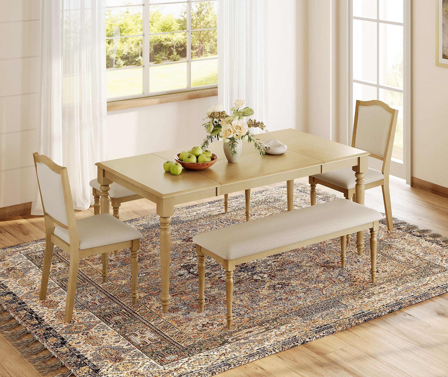 5 Piece Dining Table Set for 6-8 People - Includes One Dining Table, 2 Upholstered Benches, 2 Wood Dining Chairs, Rustic Dining Set for Kitchen, Oak