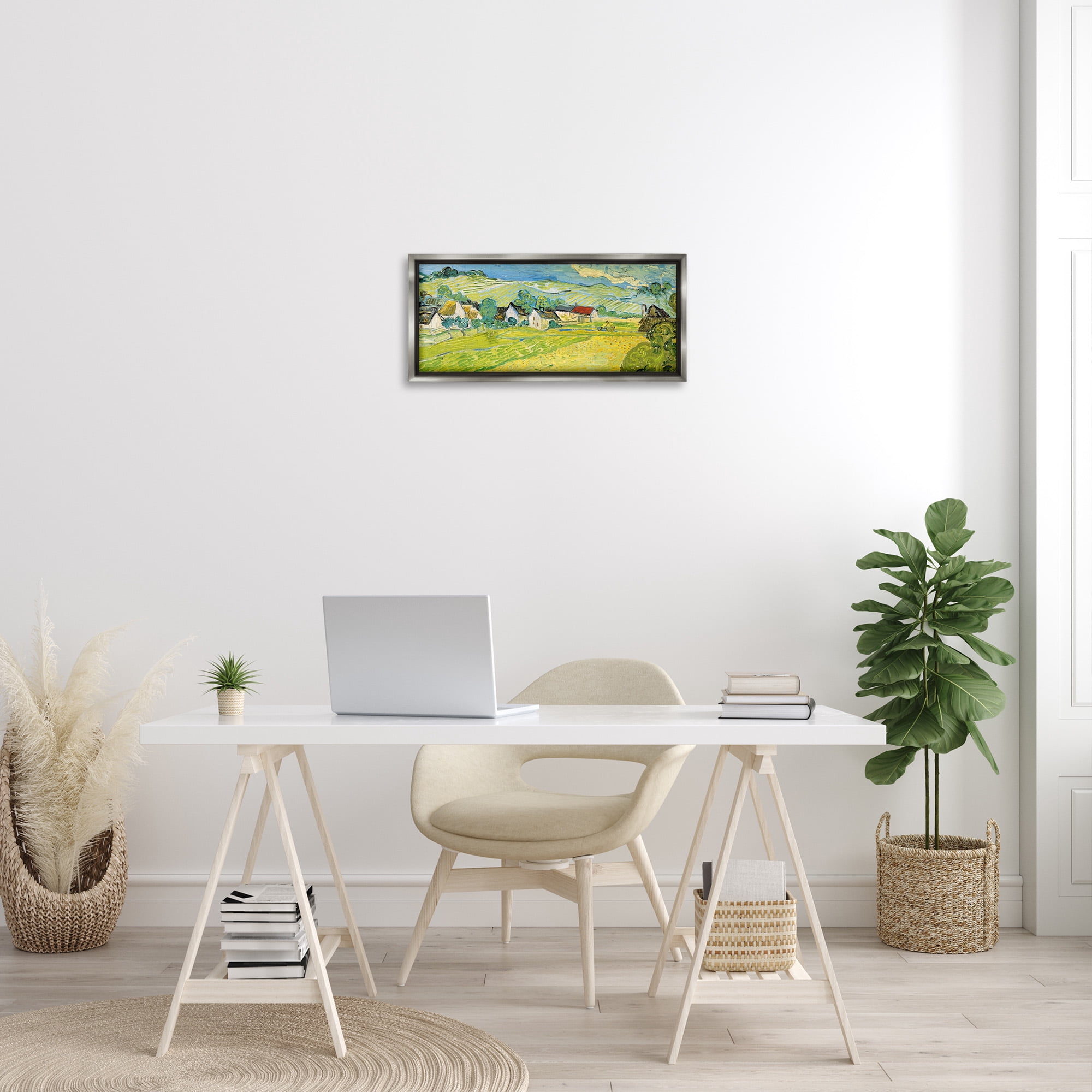 Stupell Industries Van Gogh Sunny View Painting Landscape Painting Gray Floater Framed Canvas Art Print Wall Art, 25 x 11