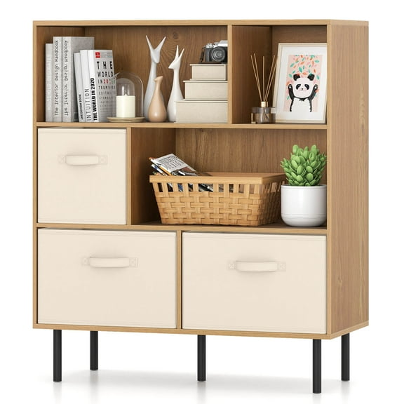 Costway 6-Cube Bookshelf with 3 Removable Folding Fabric Drawers Metal Legs for Living Room Natural