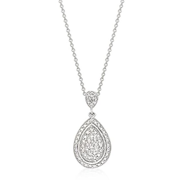 Genuine Rhodium Plated Teardrop Filigree Crest Pendant with 2 Round Cut Cubic Zirconia Set on Bale in Silvertone