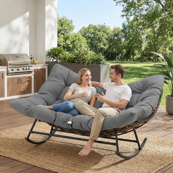 MOALCOFER Double Papasan Rocking Chair,2-Person Patio Egg Lounge Chair with Thick Cushion