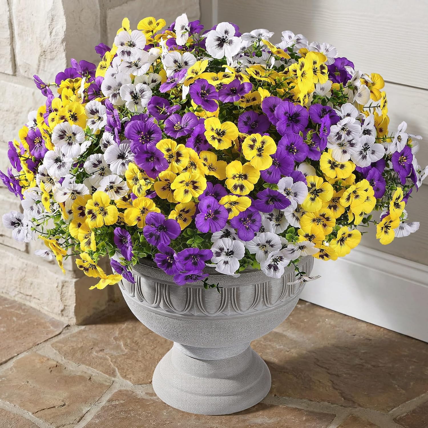 24 Bundles Artificial Flowers for Outdoors, Fake Spring Decoration, UV Resistant Realistic Pansies with Eucalyptus Silk Faux Porch Patio Yard, Purple Yellow White