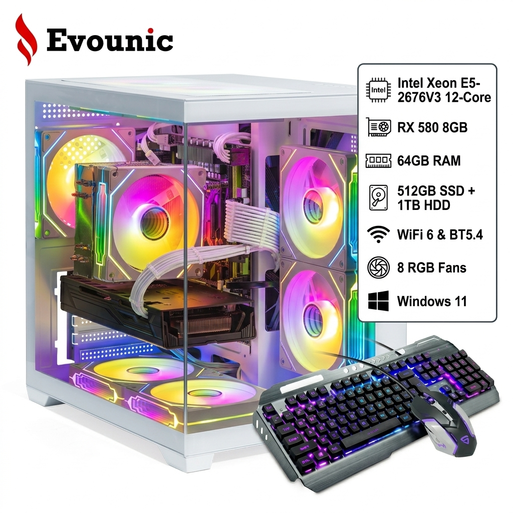 Evounic Gaming PC Workstation Intel i7 Xeon E5 12-Core, RX 580 8GB, 64GB RAM, 512GB SSD+1TB HDD, WiFi 6 & BT5.4, 8 RGB Fan, Win11, RGB KB & Mouse