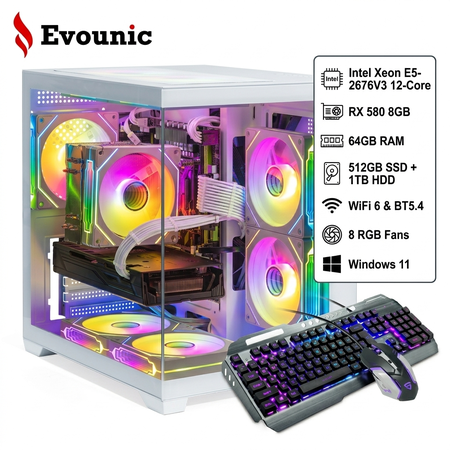 Evounic Gaming PC Workstation Intel i7 Xeon E5 12-Core, RX 580 8GB, 64GB RAM, 512GB SSD+1TB HDD, WiFi 6 & BT5.4, 8 RGB Fan, Win11, RGB KB & Mouse