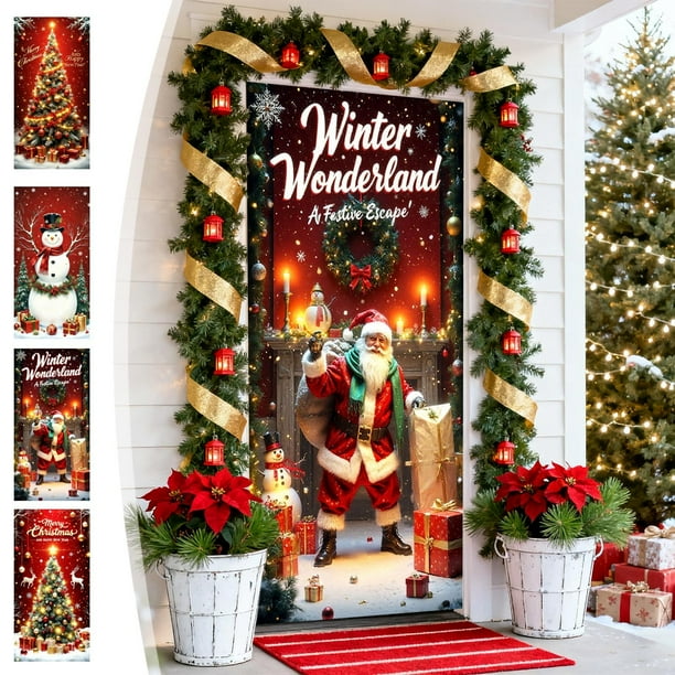 Funda Navideña para Puerta con Diseño de Papá Noel, 89 X 183 Cm | Tela de Poliéster Resistente | Fácil Instalación | Apta para Uso Interior y Exterior | 1 Unidad - Multicolor