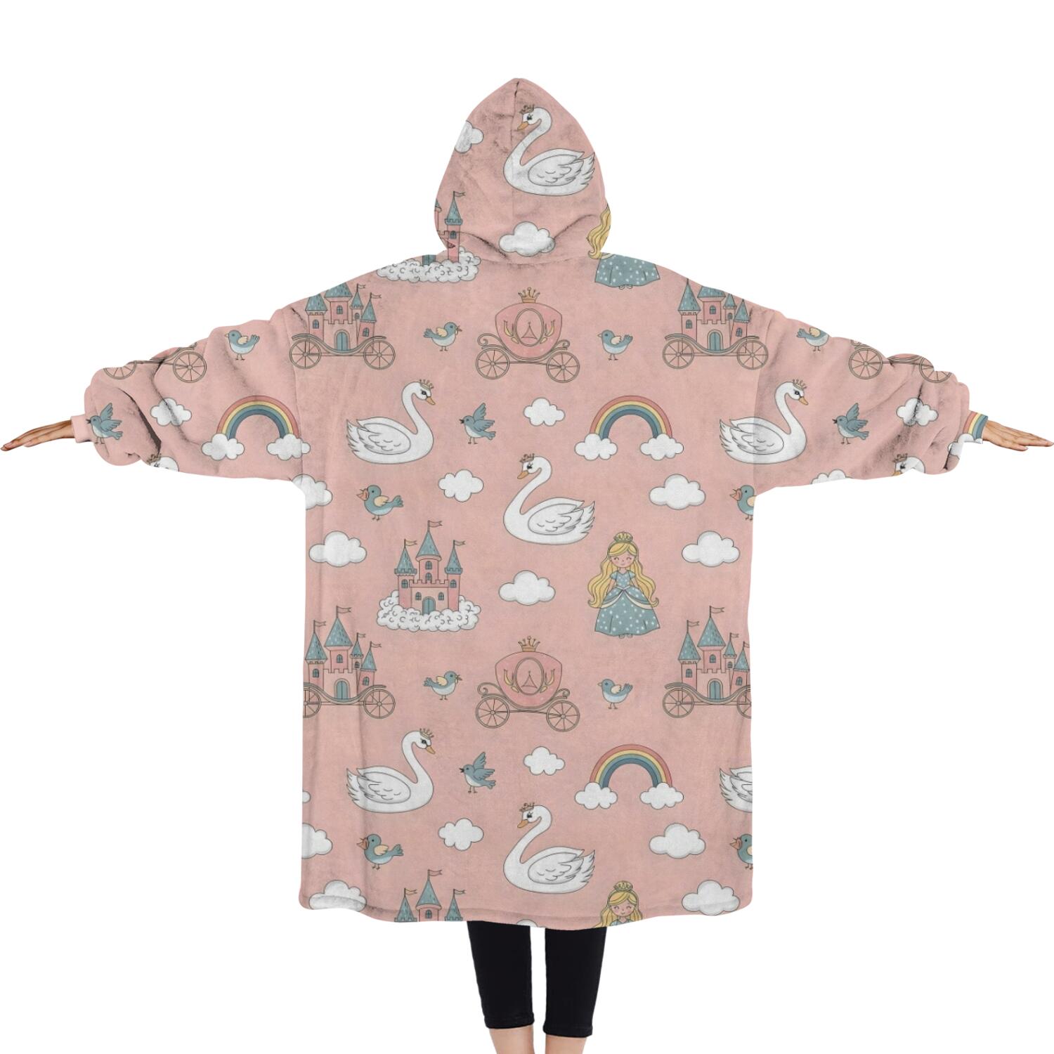 Oversized Wearable Blanket Hoodie,Swan Princess Castle Pattern Sherpa Blanket Hoodie with Super Pockets,Super Warm Fuzzy Pullover for Women & Men