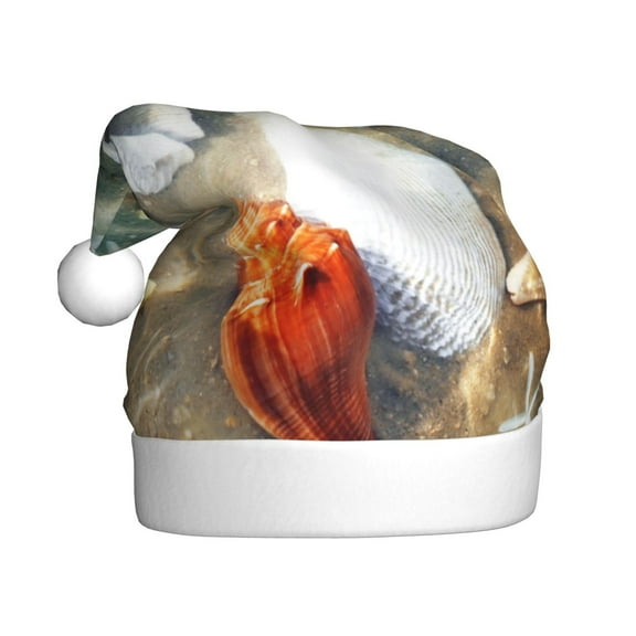 Fuzoiu Seashell On The Beach Print Santa Hat Christmas Hat for Adults,Santa Hats with Pompom, Unisex Xmas Holiday Hat for Christmas New Year Festive Party Supplies