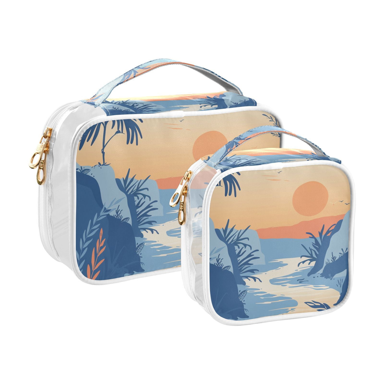 Clear Makeup Bags with Handle Large Opening 2 Pack Set Toiletry Bag Quart Size Bag, for Women Man Traveling Travel Essentials, Toiletries and Other. Hand Drawing River