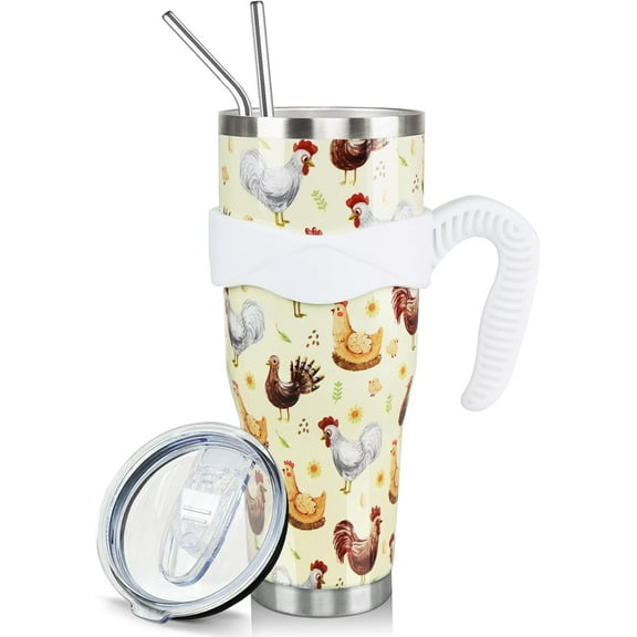 Chicken 40oz Tumbler with Handle and Straw, Rooster Hen Cup Coffee Mug Stainless Steel Insulated Water Bottle, Yellow Chicken Gifts for Chicken Lovers Women Birthday Christmas