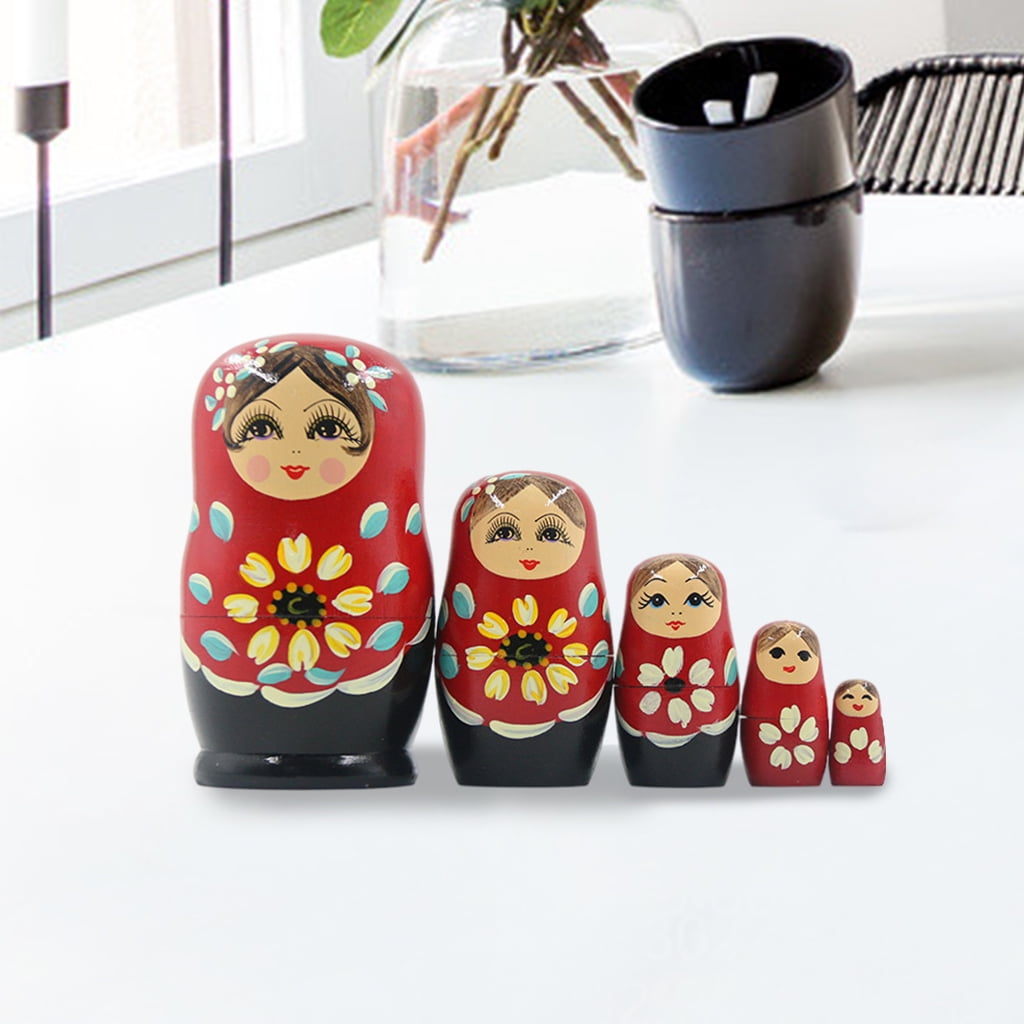 Matryoshka Russian Nesting Doll Wooden Babushka Puppe Poppy Flower Flowers 5 pcs 
