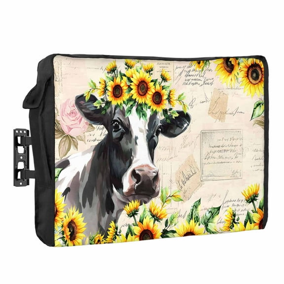Outdoor TV Cover 80 to 85 Inches, Cow Sunflower Plant Farm Flower Vintage Background Waterproof and Weatherproof TV Cover with Remote Control Pocket, Flat Screen TV Cover Protector for Outside TV