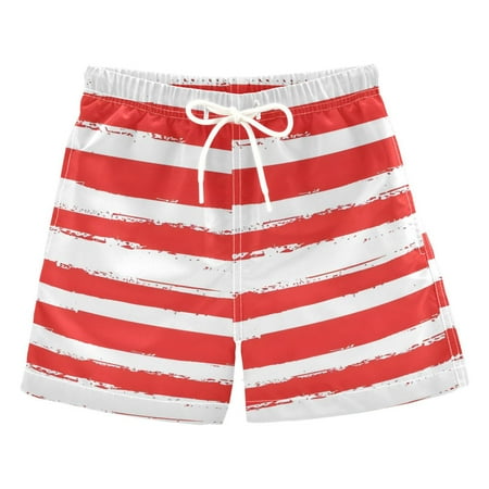 ALAZA Boys Swim Trunks Red and White Stripes Beach Board Shorts Drawstring Swimsuit 4T